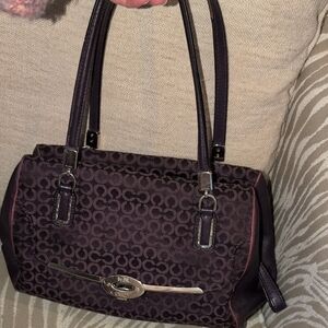 Coach Madison Needlepoint Op Art Satchel In Plum Canvas W/ Leather Trim  F25215